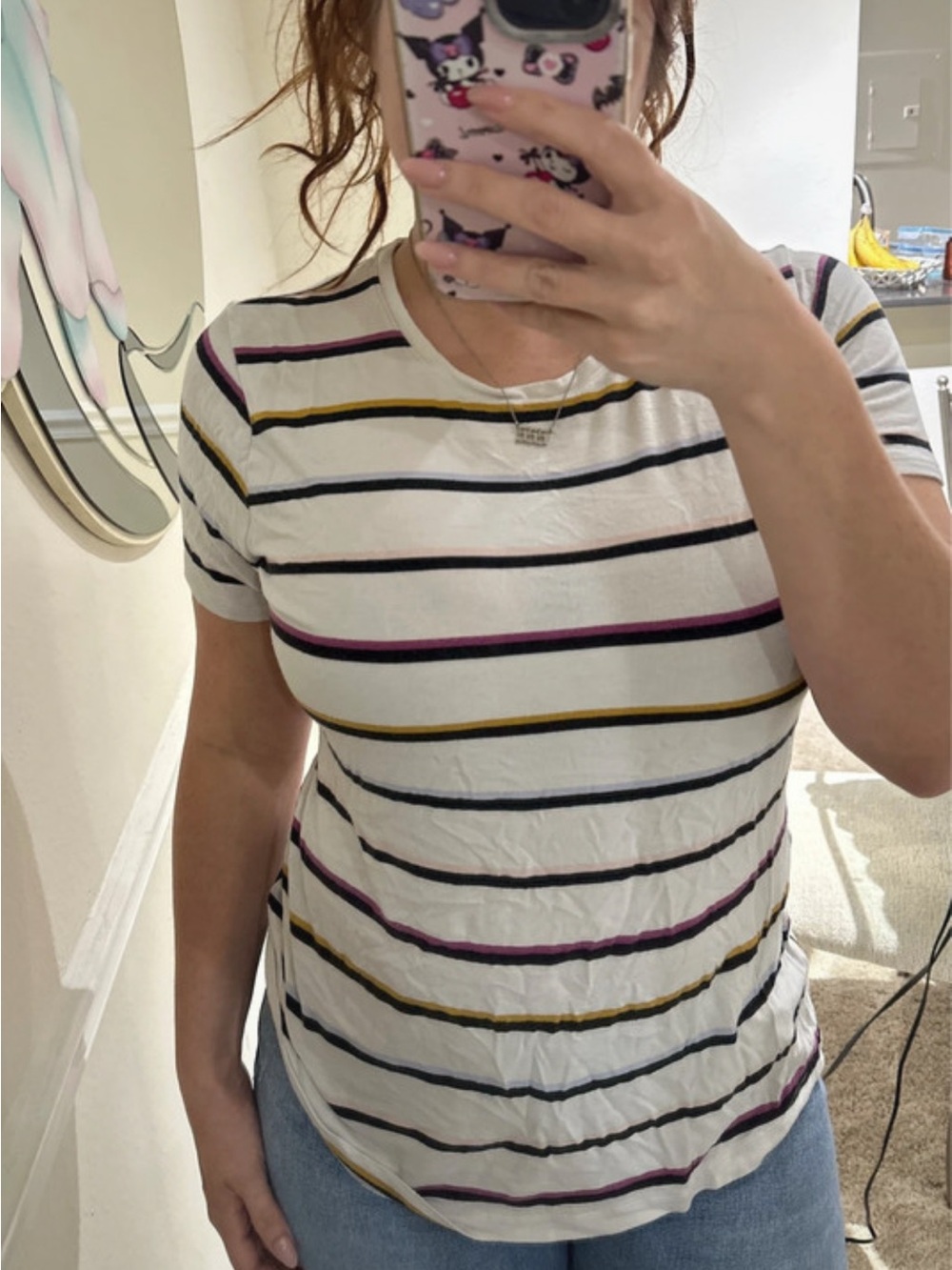 Nine West White Crewneck Tee with Black, Pink & Mustard Stripes